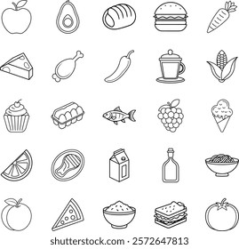 A collection of 28 lineart food icons depicting various fruits, vegetables, meats, dairy products, bakery items, and sweets. Simple, black and white illustrations.