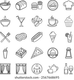 A collection of 28 linedrawn icons depicting various food items, beverages, restaurant settings, and culinary tools. Simple, black outlines on a white background.