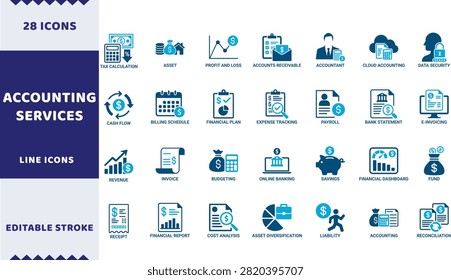 A collection of 28 modern flat vector icons depicting various accounting services concepts, perfect for business presentations, websites, and app inte