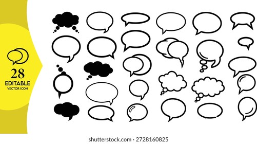 Coleção de 28 esboços e bolha de fala preta sólida e ícones de nuvem de pensamento para quadrinhos, diálogos e projetos de comunicação de bate-papo.