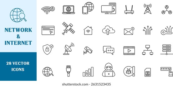 A collection of 28 outline-style vector icons related to network and internet. Includes devices, signals, cloud, router, satellite, email, cybersecurity, and more.
