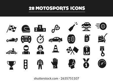 A collection of 28 solid motorsports icons featuring racing helmets, flags, trophies, cars, tools, and more. Perfect for apps, infographics, posters, and automotive-themed designs.