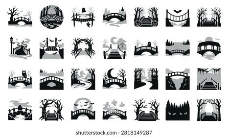 Collection of 28 spooky Halloween bridge illustrations in black and white silhouette style including stone arch bridges, suspension walkways, ghosts, bats, and eerie woods.