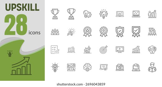 Colección de 28 íconos de alto nivel, incluidos trofeos, gráficos, gráficos, bombillas y personas, que representan el desarrollo profesional y el crecimiento profesional