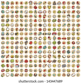 Collection of 289 school and education doodled icons (vignette) with shadows, on background, in colours. Individual illustrations are isolated and in eps10 vector mode.