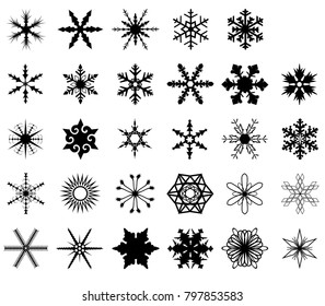 A collection of 29 different snowflakes isolated on a white background