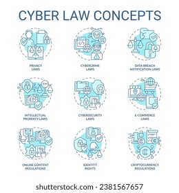 Collection of 2D editable blue thin line icons representing cyber law, isolated vector, linear illustration.