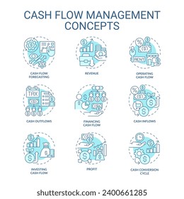 Collection of 2D editable blue thin line icons representing cash flow management, isolated simple vector, linear illustration.