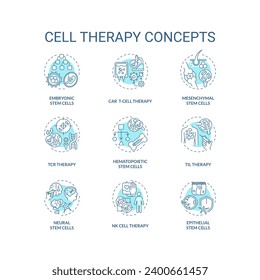 Collection of 2D editable blue thin line icons representing cell therapy, isolated simple vector, linear illustration.