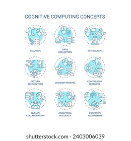 Collection of 2D editable blue thin line icons representing cognitive computing, isolated simple vector, linear illustration.