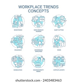 Collection of 2D editable blue thin line icons representing workplace trends, isolated simple vector, linear illustration.