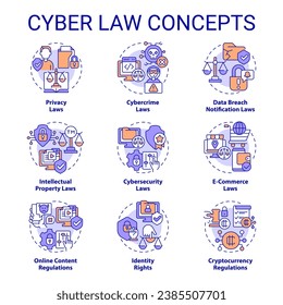 Collection of 2D editable colorful thin line icons representing cyber law, isolated vector, linear illustration.