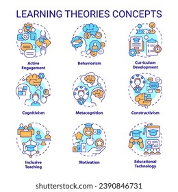 Collection of 2D editable colorful thin line icons representing learning theories, isolated vector, linear illustration.