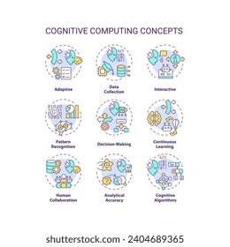 Collection of 2D editable colorful thin line icons representing cognitive computing, isolated simple vector, linear illustration.