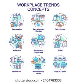 Collection of 2D editable colorful thin line icons representing workplace trends, isolated simple vector, linear illustration.