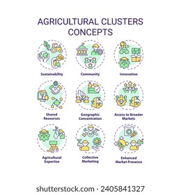Collection of 2D editable colorful thin line icons representing agricultural clusters, isolated simple vector, linear illustration.