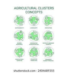 Collection of 2D editable green thin line icons representing agricultural clusters, isolated simple vector, linear illustration.