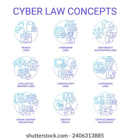 Collection of 2D gradient thin line icons representing cyber law, isolated vector, linear illustration.