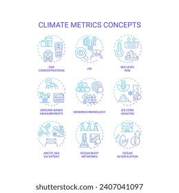 Collection of 2D gradient thin line icons representing climate metrics, isolated vector, linear illustration.