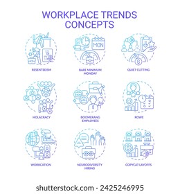 Collection of 2D gradient thin line icons representing workplace trends, isolated simple vector, linear illustration.