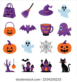 A collection of 2D illustration vector icons for Halloween items, gifts, and decorations. There is a spooky treat bag, a witch's broom, a bat plushie, a ghost lantern, and a pumpkin mug in the gifts c