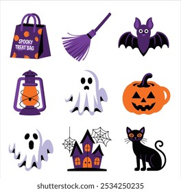 A collection of 2D illustration vector icons for Halloween items, gifts, and decorations. There is a spooky treat bag, a witch's broom, a bat plushie, a ghost lantern, and a pumpkin mug in the gifts c