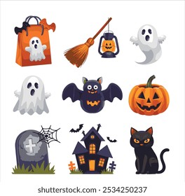 A collection of 2D illustration vector icons for Halloween items, gifts, and decorations. There is a spooky treat bag, a witch's broom, a bat plushie, a ghost lantern, and a pumpkin mug in the gifts c