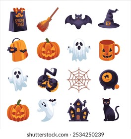 A collection of 2D illustration vector icons for Halloween items, gifts, and decorations. There is a spooky treat bag, a witch's broom, a bat plushie, a ghost lantern, and a pumpkin mug in the gifts c