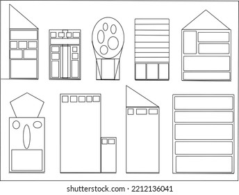 a collection of 2-dimensional illustrations of skyscrapers with black lines and white backgrounds with high quality