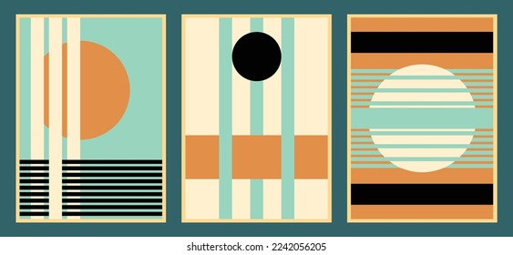 Collection of 3 abstract geometric vector art prints. Editable and scalable circles, rectangles and stripes. Colours: ivory, sand, sienna, mint and teal. Contemporary modern illustrations for print. 