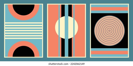 Collection of 3 abstract geometric vector art prints. Editable and scalable circles, rectangles and stripes. Colours: ivory, blue-grey, coral, black. Contemporary modern illustrations for print.  