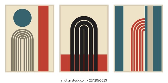 Collection of 3 abstract geometric vector art prints. Arches, Circles, Rectangles. Colours: Red, Ivory, Black, Blue-Grey, Grey. Muted Colours.  Contemporary modern illustrations for print.  
