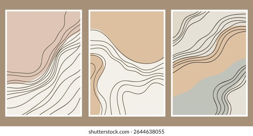 Sammlung von 3 abstrakten handgezeichneten Retro-Boho Stil Wandkunst Designs