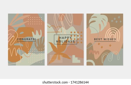 Collection of 3 aesthetic pastel colored greeting cards. Creative abstract backgrounds. Vector illustrations.