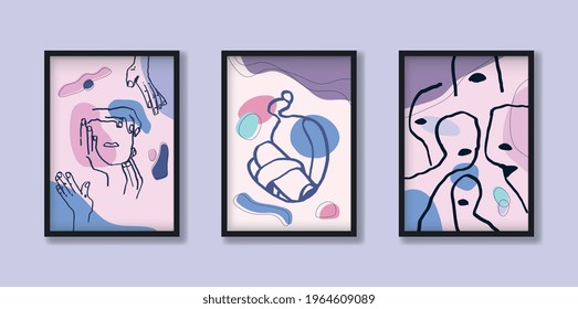 Collection of 3 artwork with portrait in line art and organic shapes in boho style. Vector contemporary art in pastel color on mockup. For print, poster and art product.