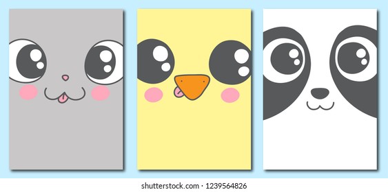 Collection of 3 baby cards and posters made in cartoon style. Set with cute hand drawn animal faces - cat, chick and panda. Colorful vector illustration. EPS8 vector.