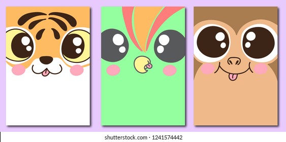 Collection of 3 baby cards and posters made in cartoon style. Set with cute hand drawn animal faces - tiger, parrot and monkey. Colorful vector illustration. Can be printed on phone case. EPS8 vector.