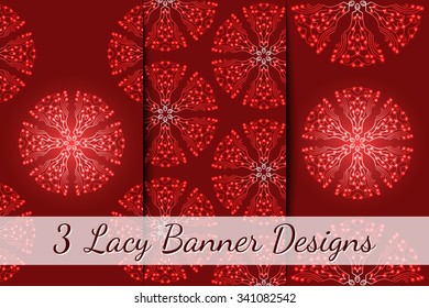 A collection of 3 banners with abstract round glowing elements, design template for postcards, greeting cards, creative projects, advertisement. Vector illustration.