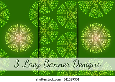 A collection of 3 banners with abstract round glowing elements, design template for postcards, greeting cards, creative projects. Vector illustration.