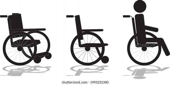 Collection of 3 black icons with wheelchair, vector illustration