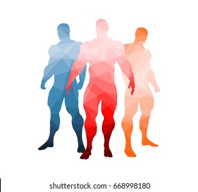 The collection of 3 Body building silhouette. Bodybuilders posing. Mosaic gradient painting