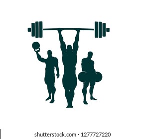 The collection of 3 Body building silhouettes. Barbell and kettlebell equipment