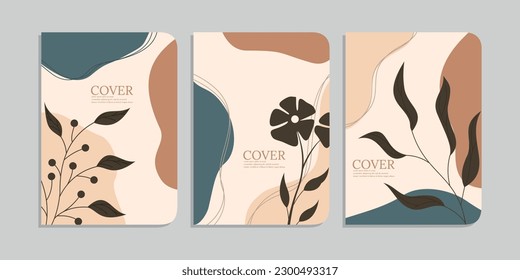 colección de 3 diseños de portada de libros con decoración floral a mano. fondo de follaje retro abstracto. tamaño A4 Para portátiles, planificadores, folletos, libros, catálogos