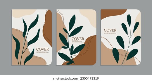 collection of 3 book cover designs with hand drawn floral decorations. abstract retro foliage background. size A4 For notebooks, planners, brochures, books, catalogs