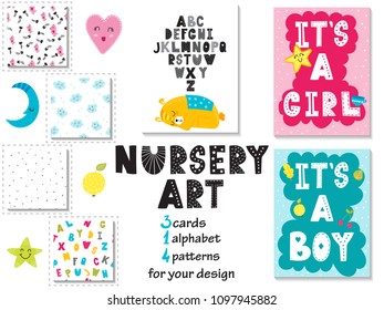 Collection of 3 cards, alphabet and 4 cute seamless patterns for kids in the scandinavian style. Can be used print for t-shirts, home decor, cards, posters for baby room or bedroom.