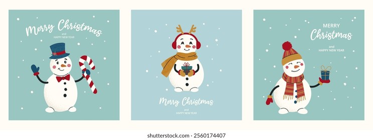 Collection 3 celebration square Christmas cards with drawing snowmen in various poses and items. Flat vector illustration with textures on blue and green backdrop. For poster, invitation, social media