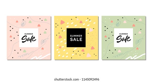 Collection of 3 creative cards with discount offer. Abstract backgrounds. Trendy Graphic Design for sale banner, poster, card, cover, invitation, placard, brochure. Vector.