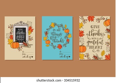 Collection of 3 creative Thanksgiving day greeting cards. Maple and oak leaves, branches and berries, pumpkin, indian corn, chalkboard with lettering