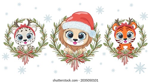 A collection of 3 cute animals for the New Year and Christmas: a lion cub, a tiger cub and a leopard. Vector cartoon illustration.