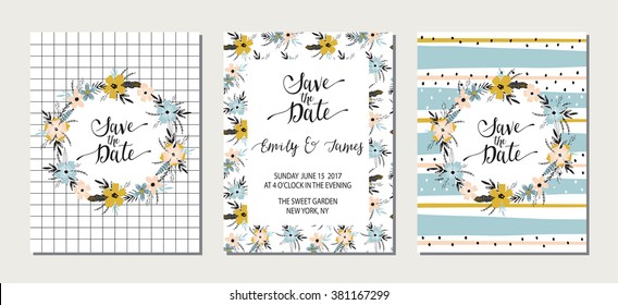 Collection of 3 cute card templates. Wedding, marriage, save the date, baby shower, bridal, birthday, Valentine's day. Stylish simple design. Vector illustration.